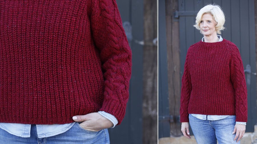Roter Pullover mit Mustermix aus Landlust-Tweed